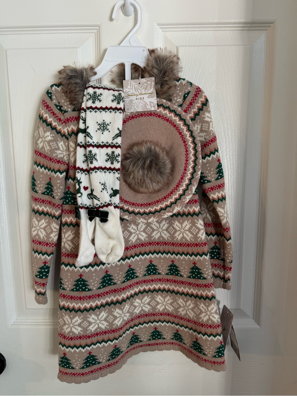 Tommy Bahama Kids Beige Holiday Sweater Dress with Green & Red Fair Isle